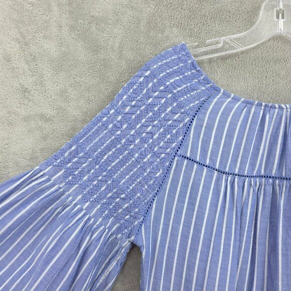 Free People Lola Embroidered Mini Dress S Blue White Stripes Cutout Back Tassels - Picture 4 of 14